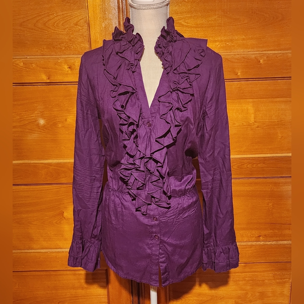 Purple Ruffle Button Down Blouse - image 1